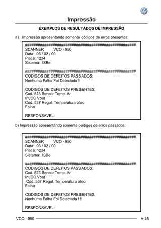 VCO - 950 A-25
EEXXEEMMPPLLOOSS DDEE RREESSUULLTTAADDOOSS DDEE IIMMPPRREESSSSÃÃOO
a) Impressão apresentando somente códigos de erros presentes:
b) Impressão apresentando somente códigos de erros passados:
####################################################
SCANNER VCO - 950
Data: 06 / 02 / 00
Placa: 1234
Sistema: ISBe
####################################################
CODIGOS DE DEFEITOS PASSADOS:
Cod. 523 Sensor Temp. Ar
Int/CC Vbat
Cod. 537 Regul. Temperatura óleo
Falha
CODIGOS DE DEFEITOS PRESENTES:
Nenhuma Falha Foi Detectada ! !
RESPONSAVEL:
####################################################
SCANNER VCO - 950
Data: 06 / 02 / 00
Placa: 1234
Sistema: ISBe
####################################################
CODIGOS DE DEFEITOS PASSADOS:
Nenhuma Falha Foi Detectada !!
CODIGOS DE DEFEITOS PRESENTES:
Cod. 523 Sensor Temp. Ar
Int/CC Vbat
Cod. 537 Regul. Temperatura óleo
Falha
RESPONSAVEL:
 