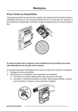 C - 7MOTORES MWM
Pinos Tortos ou Expandidos
Inspecione os terminais machos do conector. Se qualquer terminal estiver torto ou
expandido de forma a não encaixar facilmente com o outro lado do conector, o
pino deverá ser substituído. Consulte a seção de reparos para o conector especí-
fico.
O curto-circuito com a massa é uma condição em que existe uma cone-
xão indevida de um circuito com a massa.
O procedimento para verificação de um curto-circuito com a massa é o seguinte:
1. Desligue a chave de ignição.
2. Desconecte os conectores que necessitem ser testados.
a - Ao testar um sensor, desconecte-o do conector do chicote.
b - Ao testar o chicote do conector no ECM, desconecte também o conec-
tor do chicote no sensor ou nos sensores múltiplos.
Medições
 