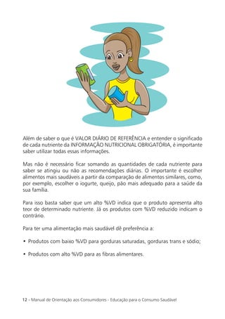 Além de saber o que é VALOR DIÁRIO DE REFERÊNCIA e entender o signiﬁcado
de cada nutriente da INFORMAÇÃO NUTRICIONAL OBRIGATÓRIA, é importante
saber utilizar todas essas informações.

Mas não é necessário ﬁcar somando as quantidades de cada nutriente para
saber se atingiu ou não as recomendações diárias. O importante é escolher
alimentos mais saudáveis a partir da comparação de alimentos similares, como,
por exemplo, escolher o iogurte, queijo, pão mais adequado para a saúde da
sua família.

Para isso basta saber que um alto %VD indica que o produto apresenta alto
teor de determinado nutriente. Já os produtos com %VD reduzido indicam o
contrário.

Para ter uma alimentação mais saudável dê preferência a:

• Produtos com baixo %VD para gorduras saturadas, gorduras trans e sódio;

• Produtos com alto %VD para as ﬁbras alimentares.




12 - Manual de Orientação aos Consumidores - Educação para o Consumo Saudável
 