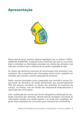 Apresentação




Nesse manual vamos conhecer algumas legislações que se referem à ROTU-
LAGEM DE ALIMENTOS. O objetivo maior é estimular que você e a sua família
leiam e entendam as informações veiculadas nos rótulos dos alimentos. Isso
tudo para contribuir com a melhoria da sua saúde e qualidade de vida.

Os rótulos são elementos essenciais de comunicação entre produtos e con-
sumidores. Daí a importância das informações serem claras e poderem ser
utilizadas para orientar a escolha adequada de alimentos.

Dados recentes levantados junto à população que consulta o serviço Dis-
que-Saúde do Ministério da Saúde demonstram que aproximadamente
70% das pessoas consultam os rótulos dos alimentos no momento da
compra, no entanto, mais da metade não compreende adequadamente o
signiﬁcado das informações.

Com a publicação das normas que tornam obrigatória a declaração do con-
teúdo nutricional dos alimentos, denominada de rotulagem nutricional, as
informações contidas nos rótulos passam a ser ainda mais complexas, exi-
gindo maior habilidade do consumidor para interpretá-las e entendê-las.


           Manual de Orientação aos Consumidores - Educação para o Consumo Saudável - 5
 
