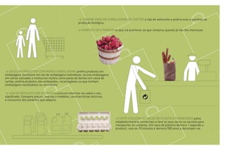 > COMPRE OVOS EM EMBALAGENS DE CARTÃO e não de esferovite e prefira ovos e galinhas de
                                                     produção biológica.

                                                     > HABITUE-SE A PENSAR no que irá acontecer ao que comprou quando já não lhe interessar.




> ESCOLHA PRODUTOS COM MENOS EMBALAGENS prefira produtos em
embalagens familiares em vez de embalagens individuais; recuse embalagens
em várias camadas e invólucros inúteis como pasta de dentes em caixa de
cartão; prefira produtos não embalados, recarregáveis ou que tenham
embalagens reutilizáveis ou recicláveis.

> LEIA OS RÓTULOS COM ATENÇÃO e procure informar-se sobre o seu
significado. Compare preços, marcas e modelos, características técnicas
e consumos dos produtos que adquire.




                                                                               > EVITE UTILIZAR OS SACOS DE PLÁSTICO FORNECIDOS pelos
                                                                               estabelecimentos comerciais e leve os seus sacos ou sacolas para
                                                                               transportar as compras. Um saco de plástico demora 1 segundo a
                                                                               produzir, usa-se 20 minutos e demora 500 anos a decompor-se.
 