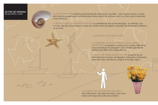 AO FIM-DE-SEMANA
NA NATUREZA / LAZER   > EVITE CONSUMIR produtos provenientes de espécies ameaçadas - não compre rochas e corais,
                      nem animais empalhados ou lembranças feitas a partir de animais, pois se o fizer está a incentivar
                      o seu comércio.

                      > NUNCA LANCE QUAISQUER OBJECTOS ou substâncias nos cursos de água - as ribeiras, rios
                      e o mar não são caixotes para o nosso lixo, tantas vezes perigoso e causador de morte para milhares
                      de animais.


                                                               > NÃO DEITE LIXO PARA O CHÃO.


                                                               > ASSEGURE-SE DE QUE DEIXA O LOCAL COMO O
                                                               ENCONTROU se passear na praia ou no campo. Não deixe
                                                               a sua assinatura na paisagem: uma simples garrafa de
                                                               plástico leva 500 anos a degradar-se.

                                                               > REUTILIZE EMBALAGENS USADAS converta-as em
                                                               instrumentos musicais, brinquedos, máscaras, recipientes
                                                               para colecções, parafusos, pregos, bricolage, jogos...




                                                    > QUANDO VISITAR UMA ÁREA NATURAL
                                                    não colha flores, não destrua ninhos, não corte
                                                    ramos nem faça inscrições nas árvores.
 