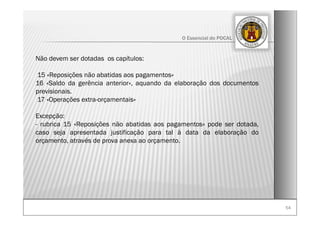 5454
O Essencial do POCAL
Não devem ser dotadas os capítulos:
15 «Reposições não abatidas aos pagamentos»
16 «Saldo da gerência anterior», aquando da elaboração dos documentos
previsionais.
17 «Operações extra-orçamentais»
Excepção:
- rubrica 15 «Reposições não abatidas aos pagamentos» pode ser dotada,
caso seja apresentada justificação para tal à data da elaboração do
orçamento, através de prova anexa ao orçamento.
 
