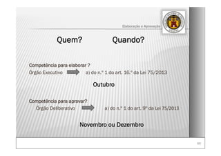 6060
Elaboração e Aprovação
Competência para elaborar ?
Órgão Executivo a) do n.º 1 do art. 16.º da Lei 75/2013
Competência para aprovar?
Órgão Deliberativo a) do n.º 1 do art. 9º da Lei 75/2013
Quem? Quando?
Outubro
Novembro ou Dezembro
 