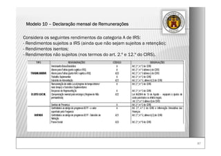 8787
Modelo 10 – Declaração mensal de Remunerações
Considera os seguintes rendimentos da categoria A de IRS:
- Rendimentos sujeitos a IRS (ainda que não sejam sujeitos a retenção);
- Rendimentos isentos;
- Rendimentos não sujeitos (nos termos do art. 2.º e 12.º do CIRS).
 