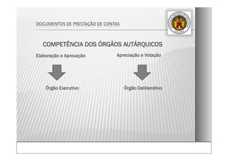COMPETÊNCIA DOS ÓRGÃOS AUTÁRQUICOS
Elaboração e Aprovação
Órgão Executivo
Apreciação e Votação
Órgão Deliberativo
DOCUMENTOS DE PRESTAÇÃO DE CONTAS
 