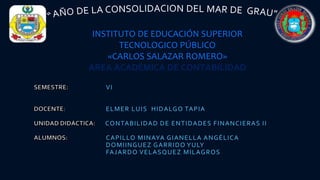 VI
: ELMER LUIS HIDALGO TAPIA
CONTABILIDAD DE ENTIDADES FINANCIERAS II
CAPILLO MINAYA GIANELLA ANGÉLICA
DOMIINGUEZ GARRIDO YULY
FAJARDO VELASQUEZ MILAGROS
INSTITUTO DE EDUCACIÓN SUPERIOR
TECNOLOGICO PÚBLICO
«CARLOS SALAZAR ROMERO»
ÁREA ACADÉMICA DE CONTABILIDAD
 
