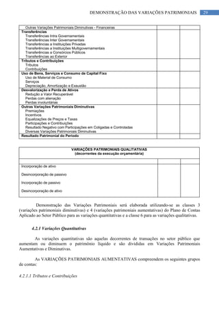 29DEMONSTRAÇÃO DAS VARIAÇÕES PATRIMONIAIS
Outras Variações Patrimoniais Diminutivas - Financeiras
Transferências
Transferências Intra Governamentais
Transferências Inter Governamentais
Transferências a Instituições Privadas
Transferências a Instituições Multigovernamentais
Transferências a Consórcios Públicos
Transferências ao Exterior
Tributos e Contribuições
Tributos
Contribuições
Uso de Bens, Serviços e Consumo de Capital Fixo
Uso de Material de Consumo
Serviços
Depreciação, Amortização e Exaustão
Desvalorização e Perda de Ativos
Redução a Valor Recuperável
Perdas com alienação
Perdas involuntárias
Outras Variações Patrimoniais Diminutivas
Premiações
Incentivos
Equalizações de Preços e Taxas
Participações e Contribuições
Resultado Negativo com Participações em Coligadas e Controladas
Diversas Variações Patrimoniais Diminutivas
Resultado Patrimonial do Período
VARIAÇÕES PATRIMONIAIS QUALITATIVAS
(decorrentes da execução orçamentária)
Incorporação de ativo
Desincorporação de passivo
Incorporação de passivo
Desincorporação de ativo
Demonstração das Variações Patrimoniais será elaborada utilizando-se as classes 3
(variações patrimoniais diminutivas) e 4 (variações patrimoniais aumentativas) do Plano de Contas
Aplicado ao Setor Público para as variações quantitativas e a classe 6 para as variações qualitativas.
4.2.1 Variações Quantitativas
As variações quantitativas são aquelas decorrentes de transações no setor público que
aumentam ou diminuem o patrimônio líquido e são divididas em Variações Patrimoniais
Aumentativas e Diminutivas.
As VARIAÇÕES PATRIMONIAIS AUMENTATIVAS compreendem os seguintes grupos
de contas:
4.2.1.1 Tributos e Contribuições
 