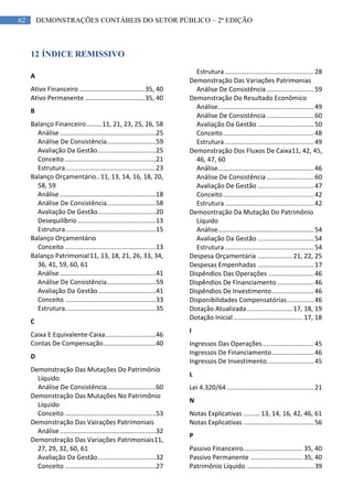 62 DEMONSTRAÇÕES CONTÁBEIS DO SETOR PÚBLICO – 2ª EDIÇÃO
12 ÍNDICE REMISSIVO
A
Ativo Financeiro ....................................35, 40
Ativo Permanente .................................35, 40
B
Balanço Financeiro ........11, 21, 23, 25, 26, 58
Análise.....................................................25
Análise De Consistência...........................59
Avaliação Da Gestão................................25
Conceito ..................................................21
Estrutura..................................................23
Balanço Orçamentário..11, 13, 14, 16, 18, 20,
58, 59
Análise.....................................................18
Análise De Consistência...........................58
Avaliação De Gestão................................20
Desequilíbrio ...........................................13
Estrutura..................................................15
Balanço Orçamentário
Conceito ..................................................13
Balanço Patrimonial11, 13, 18, 21, 26, 33, 34,
36, 41, 59, 60, 61
Análise.....................................................41
Análise De Consistência...........................59
Avaliação Da Gestão................................41
Conceito ..................................................33
Estrutura..................................................35
C
Caixa E Equivalente-Caixa............................46
Contas De Compensação.............................40
D
Demonstração Das Mutações Do Patrimônio
Líquido
Análise De Consistência...........................60
Demonstração Das Mutações No Patrimônio
Líquido
Conceito ..................................................53
Demonstração Das Vairações Patrimoniais
Análise.....................................................32
Demonstração Das Variações Patrimoniais11,
27, 29, 32, 60, 61
Avaliação Da Gestão................................32
Conceito ..................................................27
Estrutura .................................................28
Demonstração Das Variações Patrimonias
Análise De Consistência ..........................59
Demonstração Do Resultado Econômico
Análise.....................................................49
Análise De Consistência ..........................60
Avaliação Da Gestão ...............................50
Conceito..................................................48
Estrutura .................................................49
Demonstração Dos Fluxos De Caixa11, 42, 45,
46, 47, 60
Análise.....................................................46
Análise De Consistência ..........................60
Avaliação De Gestão ...............................47
Conceito..................................................42
Estrutura .................................................42
Demosntração Da Mutação Do Patrimônio
Líquido
Análise.....................................................54
Avaliação Da Gestão ...............................54
Estrutura .................................................54
Despesa Orçamentária ................... 21, 22, 25
Despesas Empenhadas ...............................17
Dispêndios Das Operações .........................46
Dispêndios De Financiamento ....................46
Dispêndios De Investimento.......................46
Disponibilidades Compensatórias...............46
Dotação Atualizada......................... 17, 18, 19
Dotação Inicial ......................................17, 18
I
Ingressos Das Operações ............................45
Ingressos De Financiamento.......................46
Ingressos De Investimento..........................45
L
Lei 4.320/64................................................21
N
Notas Explicativas ......... 13, 14, 16, 42, 46, 61
Notas Explicativas .......................................56
P
Passivo Financeiro.................................35, 40
Passivo Permanente .............................35, 40
Patrimônio Líquido .....................................39
 