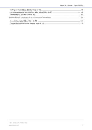 Manual de l´alumne - ContaSOL 2016
T. 953 227 933 | F. 953 227 942
www.sdelsol.com 3
Balanç de situació (pàg. 166 del llibre de TC).............................................................................................. 98
Estat de canvis en el patrimoni net (pàg. 166 del llibre de TC)................................................................. 100
Memòria (pàg. 166 del llibre de TC).......................................................................................................... 103
UT9. Tractament comptable de les inversions en immobilitzat.................................................................... 104
Immobilitzat (pàg. 182 del llibre de TC) .................................................................................................... 104
Vendes d'immobilitzat (pàg. 188 del llibre de TC)..................................................................................... 110
 