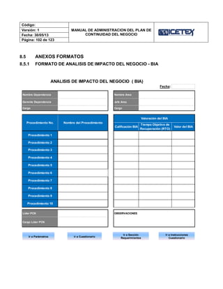 Código:
MANUAL DE ADMINISTRACION DEL PLAN DE
CONTINUIDAD DEL NEGOCIO
Versión: 1
Fecha: 30/05/13
Página: 102 de 123
8.5 ANEXOS FORMATOS
8.5.1 FORMATO DE ANALISIS DE IMPACTO DEL NEGOCIO - BIA
Fecha:
Nombre Dependencia Nombre Area
Gerente Dependencia Jefe Area
Cargo Cargo
Calificación BIA
Tiempo Objetivo de
Recuperación (RTO)
Valor del BIA
Procedimiento 1
Procedimiento 2
Procedimiento 3
Procedimiento 4
Procedimiento 5
Procedimiento 6
Procedimiento 7
Procedimiento 8
Procedimiento 9
Procedimiento 10
Líder PCN OBSERVACIONES
Cargo Líder PCN
ANALISIS DE IMPACTO DEL NEGOCIO ( BIA)
Procedimiento No.
Valoración del BIA
Nombre del Procedimiento
Ir a Parámetros ir a Cuestionario
Ir a Sección
Requerimientos
Ir a Instrucciones
Cuestionario
 