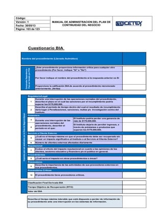 Código:
MANUAL DE ADMINISTRACION DEL PLAN DE
CONTINUIDAD DEL NEGOCIO
Versión: 1
Fecha: 30/05/13
Página: 103 de 123
Cuestionario BIA
Regulatorio/Legal
1
2
3
El Instituto podría perder una ganancia de
más de $170,000,000.
4
El Instituto dejaría de percibir ingresos, a
través de préstamos o productos que
superan los $170,000,000.
5
6
7
8
9
10
Nombre del procedimiento (Llenado Autmático)
ImpactosparaseranalizadosporelÁreadeNegocio/Apoyo
Clasificación Final Derivada BIA
Evalue el efecto del impacto reputacional en cuanto a las opiniones de los
clientes, sectores educativo y financiero y/o el publico en general.
CompruebeDependencia-
ParaserllenadoporPCN
¿Este procedimiento proporciona información crítica para cualquier otro
procedimiento (Por favor, indique "Sí" o "No")
El procedimiento tiene proveedores críticos.
Durante una interrupción de las
operaciones normales del
procedimiento, describir el
período en el que:
Describa el periodo de tiempo dentro del cual el resultado de incumplimiento
daría lugar a Penalizaciones, sanciones, multas y/o Investigación contra del
Instituto.
Por favor indique el nombre del procedimiento si la respuesta anterior es Sí
Servicio a Cliente Externo
¿Cuál sería el impacto en otros procedimientos o áreas?
Describa la importancia de las actividades de sus proveedores externos en
sus procedimientos.
Reputacional
Proveedores Críticos
¿Cuál es el tiempo máximo en que el procedimiento debe ser recuperado sin
causar un impacto significativo al Instituto o al Servicio al Cliente Externo?
Proveedores
Tiempo Objetivo de Recuperación (RTO)
Valor del BIA
Proporcione la calificación BIA de acuerdo al procedimiento mencionado
anteriormente. (Arriba)
Describa el tiempo máximo tolerable que está dispuesto a perder de información de
su procedimiento ante una interrupción en los sistemas de información.
Durante una interrupción de las operaciones normales del procedimiento,
describa el plazo en el cual las sanciones por el incumplimiento podría
superar los $170,000,000.
Financiero
Número de clientes externos afectados diariamente
Procedimientos
 