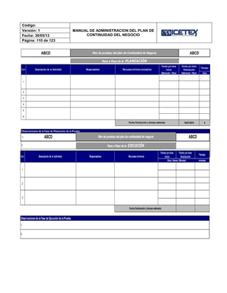 Código:
MANUAL DE ADMINISTRACION DEL PLAN DE
CONTINUIDAD DEL NEGOCIO
Versión: 1
Fecha: 30/05/13
Página: 110 de 123
días
16/07/2010 8
ABCD
Responsables
Plan de pruebas del plan de Continuidad de Negocio
Paso a Paso de la PLANEACIÓN
Recursos mínimos necesarios
5
2.
Observaciones de la Fase de Planeación de la Prueba
´1.
Tiempo
Ítem Descripción de la Actividad
1
Fecha y/o hora
inicio
Estimada / Real
Fecha y/o hora
finalización
Estimada / Real
3.
ABCD
Fecha finalización y tiempo estimado
2
3
4
6
minutos
ABCD
Días/ Horas/ Minutos
ABCD
Paso a Paso de la EJECUCIÓN
Observacionesde laFase de Ejecución de laPrueba
1.
2.
Plan de pruebas del plan de continuidad de negocio
Fecha finalización y tiempo estimado
3
2
1
Tiempo
Ítem Descripción de la Actividad
Fecha y/o hora
finalizaciónResponsables Recursosmínimos
Fecha y/o hora
inicio
 