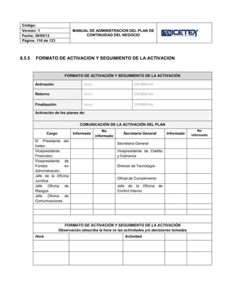 Código:
MANUAL DE ADMINISTRACION DEL PLAN DE
CONTINUIDAD DEL NEGOCIO
Versión: 1
Fecha: 30/05/13
Página: 116 de 123
8.5.5 FORMATO DE ACTIVACION Y SEGUIMIENTO DE LA ACTIVACION
FORMATO DE ACTIVACIÓN Y SEGUIMIENTO DE LA ACTIVACIÓN
Activación Hora DD/MM/AA
Retorno Hora DD/MM/AA
Finalización Hora DD/MM/AA
Activación de los planes de:
COMUNICACIÓN DE LA ACTIVACIÓN DEL PLAN
Cargo Informado
No
informado
Secretaria General Informado
No
informado
El Presidente del
Icetex
Secretaria General
Vicepresidente
Financiero
Vicepresidente de Crédito
y Cobranza
Vicepresidente de
Fondos en
Administración
Director de Tecnología
Jefe de la Oficina
Jurídica
Oficial de Cumplimiento
Jefe Oficina de
Riesgos
Jefe de la Oficina de
Control Interno
Jefe Oficina de
Comunicaciones
FORMATO DE ACTIVACIÓN Y SEGUIMIENTO DE LA ACTIVACIÓN
Observación (describa la hora vs las actividades y/o decisiones tomadas
Hora Actividad
 