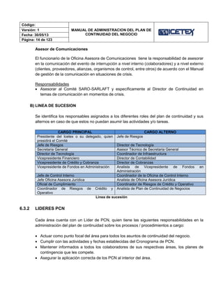 Código:
MANUAL DE ADMINISTRACION DEL PLAN DE
CONTINUIDAD DEL NEGOCIO
Versión: 1
Fecha: 30/05/13
Página: 14 de 123
Asesor de Comunicaciones
El funcionario de la Oficina Asesora de Comunicaciones tiene la responsabilidad de asesorar
en la comunicación del evento de interrupción a nivel interno (colaboradores) y a nivel externo
(clientes, proveedores, alianzas, organismos de control, entre otros) de acuerdo con el Manual
de gestión de la comunicación en situaciones de crisis.
Responsabilidades
 Asesorar al Comité SARO-SARLAFT y específicamente al Director de Continuidad en
temas de comunicación en momentos de crisis.
B) LINEA DE SUCESION
Se identifica los responsables asignados a los diferentes roles del plan de continuidad y sus
alternos en caso de que estos no puedan asumir las actividades y/o tareas.
CARGO PRINCIPAL CARGO ALTERNO
Presidente del Icetex o su delegado, quien
presidirá el Comité
Jefe de Riesgos
Jefe de Riesgos Director de Tecnología
Secretaria General Asesor Técnico de Secretaria General
Director de Tecnología Coordinador de Infraestructura
Vicepresidente Financiero Director de Contabilidad
Vicepresidente de Crédito y Cobranza Director de Cobranzas
Vicepresidente de Fondos en Administración Analista de Vicepresidente de Fondos en
Administración
Jefe de Control Interno Coordinador de la Oficina de Control Interno
Jefe Oficina Asesora Jurídica Analista de Oficina Asesora Jurídica
Oficial de Cumplimiento Coordinador de Riesgos de Crédito y Operativo
Coordinador de Riesgos de Crédito y
Operativo
Analista de Plan de Continuidad de Negocios
Línea de sucesión
6.3.2 LIDERES PCN
Cada área cuenta con un Líder de PCN, quien tiene las siguientes responsabilidades en la
administración del plan de continuidad sobre los procesos / procedimientos a cargo:
 Actuar como punto focal del área para todos los asuntos de continuidad del negocio.
 Cumplir con las actividades y fechas establecidas del Cronograma de PCN.
 Mantener informados a todos los colaboradores de sus respectivas áreas, los planes de
contingencia que les compete.
 Asegurar la aplicación correcta de los PCN al interior del área.
 