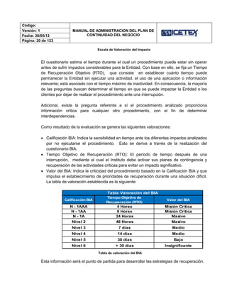 Código:
MANUAL DE ADMINISTRACION DEL PLAN DE
CONTINUIDAD DEL NEGOCIO
Versión: 1
Fecha: 30/05/13
Página: 20 de 123
Escala de Valoración del Impacto
El cuestionario estima el tiempo durante el cual un procedimiento puede estar sin operar
antes de sufrir impactos considerables para la Entidad. Con base en ello, se fija un Tiempo
de Recuperación Objetivo (RTO), que consiste en establecer cuánto tiempo puede
permanecer la Entidad sin ejecutar una actividad, el uso de una aplicación o información
relevante; está asociado con el tiempo máximo de inactividad. En consecuencia, la mayoría
de las preguntas buscan determinar el tiempo en que se puede impactar la Entidad o los
clientes por dejar de realizar el procedimiento ante una interrupción.
Adicional, existe la pregunta referente a sí el procedimiento analizado proporciona
información crítica para cualquier otro procedimiento, con el fin de determinar
interdependencias.
Como resultado de la evaluación se genera las siguientes valoraciones:
 Calificación BIA: Indica la sensibilidad en tiempo ante los diferentes impactos analizados
por no ejecutarse el procedimiento. Esto se deriva a través de la realización del
cuestionario BIA.
 Tiempo Objetivo de Recuperación (RTO): El período de tiempo después de una
interrupción, mediante el cual el Instituto debe activar sus planes de contingencia y
recuperación de las actividades críticas para evitar un impacto significativo.
 Valor del BIA: Indica la criticidad del procedimiento basado en la Calificación BIA y que
impulsa el establecimiento de prioridades de recuperación durante una situación difícil.
La tabla de valoración establecida es la siguiente:
Tabla de valoración del BIA
Esta información será el punto de partida para desarrollar las estrategias de recuperación.
Calificación BIA
Tiempo Objetivo de
Recuperación (RTO)
Valor del BIA
N - 1AAA 4 Horas Misión Critica
N - 1AA 8 Horas Misión Critica
N - 1A 24 Horas Masivo
Nivel 2 48 Horas Masivo
Nivel 3 7 días Medio
Nivel 4 14 días Medio
Nivel 5 30 días Bajo
Nivel 6 > 30 días Insignificante
Tabla Valoración del BIA
 