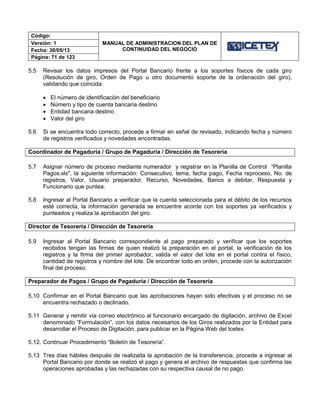 Código:
MANUAL DE ADMINISTRACION DEL PLAN DE
CONTINUIDAD DEL NEGOCIO
Versión: 1
Fecha: 30/05/13
Página: 71 de 123
5.5 Revisar los datos impresos del Portal Bancario frente a los soportes físicos de cada giro
(Resolución de giro, Orden de Pago u otro documento soporte de la ordenación del giro),
validando que coincida:
 El número de identificación del beneficiario
 Número y tipo de cuenta bancaria destino
 Entidad bancaria destino
 Valor del giro
5.6 Si se encuentra todo correcto, procede a firmar en señal de revisado, indicando fecha y número
de registros verificados y novedades encontradas.
Coordinador de Pagaduría / Grupo de Pagaduría / Dirección de Tesorería
5.7 Asignar número de proceso mediante numerador y registrar en la Planilla de Control “Planilla
Pagos.xls", la siguiente información: Consecutivo, tema, fecha pago, Fecha reproceso, No. de
registros, Valor, Usuario preparador, Recurso, Novedades, Banco a debitar, Respuesta y
Funcionario que puntea.
5.8 Ingresar al Portal Bancario a verificar que la cuenta seleccionada para el débito de los recursos
esté correcta, la información generada se encuentre acorde con los soportes ya verificados y
punteados y realiza la aprobación del giro.
Director de Tesorería / Dirección de Tesorería
5.9 Ingresar al Portal Bancario correspondiente al pago preparado y verificar que los soportes
recibidos tengan las firmas de quien realizó la preparación en el portal, la verificación de los
registros y la firma del primer aprobador, valida el valor del lote en el portal contra el físico,
cantidad de registros y nombre del lote. De encontrar todo en orden, procede con la autorización
final del proceso.
Preparador de Pagos / Grupo de Pagaduría / Dirección de Tesorería
5.10 Confirmar en el Portal Bancario que las aprobaciones hayan sido efectivas y el proceso no se
encuentra rechazado o declinado.
5.11 Generar y remitir vía correo electrónico al funcionario encargado de digitación, archivo de Excel
denominado “Formulación”, con los datos necesarios de los Giros realizados por la Entidad para
desarrollar el Proceso de Digitación, para publicar en la Página Web del Icetex.
5.12. Continuar Procedimiento “Boletín de Tesorería”.
5.13 Tres días hábiles después de realizada la aprobación de la transferencia, procede a ingresar al
Portal Bancario por donde se realizó el pago y genera el archivo de respuestas que confirma las
operaciones aprobadas y las rechazadas con su respectiva causal de no pago.
 