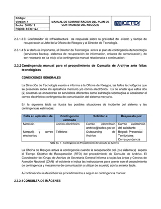 Código:
MANUAL DE ADMINISTRACION DEL PLAN DE
CONTINUIDAD DEL NEGOCIO
Versión: 1
Fecha: 30/05/13
Página: 84 de 123
2.3.1.3 El Coordinador de Infraestructura da respuesta sobre la gravedad del evento y tiempo de
recuperación al Jefe de la Oficina de Riesgos y al Director de Tecnología.
2.3.1.4 Si el daño es importante, el Director de Tecnología activa el plan de contingencia de tecnología
(servidores backup, sistemas de recuperación de información, enlaces de comunicación), de
ser necesario se da inicio a la contingencia manual relacionada a continuación:
2.3.2Contingencia manual para el procedimiento de Consulta de Archivo ante fallas
tecnológicas
CONDICIONES GENERALES
La Dirección de Tecnología evalúa e informa a la Oficina de Riesgos, las fallas tecnológicas que
se presentan sobre los aplicativos mercurio y/o correo electrónico. Es de anotar que estos dos
(2) sistemas se encuentran en servidores diferentes como estrategia tecnológica al considerar el
correo electrónico contingencia de comunicación del sistema mercurio.
En la siguiente tabla se ilustra las posibles situaciones de incidente del sistema y las
contingencias estimadas:
Falla en aplicativo de Contingencia
estimada
Solicitar a: Respuesta por:
Mercurio Correo electrónico Correo electrónico
archivo@icetex.gov.co
Correo electrónico
del solicitante
Mercurio y correo
electrónico
Teléfono Outsourcing de
Archivo
Bogotá: Presencial
Territoriales:
Correspondencia
Tabla No. 1 – Contingencia de Procedimiento de Consulta de Archivo
La Oficina de Riesgos activa la contingencia cuando la recuperación del (os) sistema(s) supera
el Tiempo Objetivo de Recuperación (RTO) del procedimiento de Consulta de Archivo. El
Coordinador del Grupo de Archivo de Secretaria General informa a todas las áreas y Centros de
Atención Nacional (CAN) el incidente e indica las instrucciones para operar con el procedimiento
de contingencia y mecanismo de comunicación a utilizar de acuerdo con la anterior tabla.
A continuación se describen los procedimientos a seguir en contingencia manual:
2.3.2.1 CONSULTA DE IMÁGENES
 