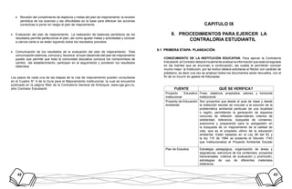 42 43
Revisión del cumplimiento de objetivos y metas del plan de mejoramiento•	 la revisión
periódica de los avances y las dificultades es la base para efectuar las acciones
correctivas si poner en riesgo el plan de mejoramiento
Evaluación del plan de mejoramiento:•	 La realización de balances periódicos de los
resultados permite perfeccionar el plan, así como ajustar metas y actividades y conocer
a ciencia cierta si se están logrando todos los resultados previstos.
Comunicación de los resultados de la evaluación del plan de mejoramiento:•	 Esta
comunicación estimula, convoca y favorece el buen desarrollo del plan de mejoramiento
puesto que permite que toda la comunidad educativa conozca los compromisos de
cambio del establecimiento, participen en el seguimiento y ponderen los resultados
obtenidos.
Los pasos de cada una de las etapas de la ruta de mejoramiento pueden consultarse
en el Cuadro N° 4 de la Guía para el Mejoramiento Institucional, la cual se encuentra
publicada en la página Web de la Contraloría General de Antioquia: www.cga.gov.co,
sitio Contralor Estudiantil.
CAPITULO IX
PROCEDIMIENTOS PARA EJERCER LA8.	
CONTRALORIA ESTUDIANTIL
9.1 PRIMERA ETAPA: PLANEACIÓN.
CONOCIMIENTO DE LA INSTITUCIÓN EDUCATIVA: Para ejercer la Contraloría
Estudiantil, el Contralor deberá inicialmente analizar la información que está consignada
en las fuentes que se enuncian a continuación, las cuales le permitirán conocer
mucho mejor la Institución, por tal motivo deberá solicitarse al Rector con carácter de
préstamo; es decir una vez se analicen todos los documentos serán devueltos, con el
fin de no incurrir en gastos de fotocopias.
FUENTE QUÉ SE VERIFICA?
Proyecto Educativo
Institucional
Fines, objetivos, propósitos, valores, y horizonte
institucional
Proyecto de Educación
Ambiental
Son proyectos que desde el aula de clase y desde
la institución escolar se vinculan a la solución de la
problemática ambiental particular de una localidad
o región, permitiendo la generación de espacios
comunes de reflexión, desarrollando criterios de
solidaridad, tolerancia, búsqueda de consenso,
autonomía y preparando para la autogestión en
la búsqueda de un mejoramiento de la calidad de
vida, que es el propósito ultimo de la educación
ambiental. Están basados en la Ley 99 del 93 y
la ley 115 de 1994 se presenta el Decreto 1743
que institucionaliza el Proyecto Ambiental Escolar
Plan de Estudios Estrategia pedagógica, organización de áreas y
asignaturas, estructura de los contenidos, proyectos
transversales, criterios de evaluación y promoción,
estrategias de uso de diferentes materiales
didácticos.
 