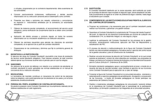 14 15
o virtuales, programados por la contraloría departamental, deba ausentarse de
sus actividades.
Conocer oportunamente invitaciones, notificaciones y demás asuntosd.	
relacionados con su instrucción personal para el desempeño como contralor.
Presentar sus ideas u opiniones con respeto, coherencia y concordancia;e.	
en espacios e instrumentos señalados por la contraloría y/o autoridades
educativas.
Obtener de instancia escolar competente, el reconocimiento del servicio socialf.	
obligatorio, previa verificación de cumplimiento total de su deber como contralor
estudiantil.
Aplicación del debido proceso y conducto regular, en todos los sucesosg.	
relacionados con su vinculación académica a la institución educativa.
Obtener los permisos requeridos para atender las citaciones de autoridadh.	
competente, en el ejercicio de su perfil de contralor estudiantil.
Posesionarse en las condiciones y términos que fije la contraloría general dei.	
Antioquia.
INCENTIVOS A LA PARTICIPACIÓN2.9	
El ejercicio del cargo de Contralor Estudiantil, equivaldrá a las horas de prestación
de servicio social estudiantil obligatorio. Para hacerse acreedor de este incentivo
deberá ejercer sus funciones durante todo el periodo para el cual fue elegido.
SANCIONES.2.10	
Sin perjuicio de la acción de defensa y en relación a su condición de estudiante, al
contralor estudiantil le serán aplicables las normas establecidas en el manual de
convivencia de su institución educativa.
REVOCATORIA.2.11	
La revocatoria del mandato constituye un mecanismo de control de los electores
sobre los elegidos y solo podrá ejercerse por los electores en los casos y en la forma
establecida constitucionalmente.
PERDIDA DEL PERFIL ACADÉMICO DE CONTRALOR ESTUDIANTIL.2.12	
Se pierde la posesión como Contralor Estudiantil por incumplimiento reiterado de los
deberes establecidos en este reglamento.
SUSTITUCIÓN.2.13	
El Contralor Estudiantil destituido por la causa expuesta, será sustituido por quien
en la jornada de elección haya ocupado el segundo lugar, previa aceptación de este.
Este procedimiento se agota en el orden de preferencia según votantes, hasta llegar
al estudiante que lo acepte.
COMPROMISOS DE LAS INSTITUCIONES EDUCATIVAS FRENTE AL EJERCICIO2.14	
DEL CONTRALOR ESTUDIANTIL.
Propiciar las condiciones y los escenarios para que el contralor estudiantil puedaa.	
realizar sus funciones y garantizar una gestión exitosa.
Garantizar al Contralor Estudiantil el cumplimiento del “Principio del Interés Superior”b.	
del joven, la vigencia de sus derechos fundamentales por encima de cualquier otra
consideración o fin, su desarrollo integral, su vida segura y digna.
Legitimar la participación del Contralor Estudiantil en los procesos de la gestiónc.	
educativa, autoevaluación institucional, ejecución del Plan de Mejoramiento y
actualización del PEI.
El proceso de elección e institucionalización de la figura del Contralor Estudiantild.	
tendrá una intencionalidad pedagógica y formativa para el ejercicio del control social
de la gestión educativa y para la construcción de ciudadanía.
Realizar una acta del proceso de elección del Contralor Estudiantil, en la cual constee.	
quienes se postularon, número de votos obtenidos por candidato, sus propuestas de
trabajo y enviarla a la Contraloría General deAntioquia y a la Secretaría de Educación
para la Cultura (Artículo 6º, Ordenanza 26 de 2009).
Brindarle orientación pedagógica, apoyo y acompañamiento al joven, a través de unf.	
docente del área de ciencias sociales, quien facilitará el ejercicio de sus funciones
como Contralor Estudiantil para la ejecución de un plan de trabajo.
Fomentar la figura del Contralor Estudiantil en la comunidad educativa, orientando yg.	
sistematizando un ejercicio pedagógico de sensibilización, divulgación y comprensión
de las funciones, a través de jornadas pedagógicas en donde participen los
estamentos del Gobierno Escolar.
Diseñar e implementar estrategias pedagógicas de comunicación, haciendo énfasish.	
en la importancia del Contralor Estudiantil para el aprendizaje de la participación
democrática y la formación ciudadana en los integrantes de la comunidad educativa.
 