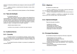 ¤
¤
¤

¢£

¤¥

¢£

¤¥

¢£

 ¡

 ¡

¢£

 ¡

¤
 ¡

¤¥

¢£

 ¡

¢£

 ¡

¤

¢£

 ¡

¢£

¤¥

 ¡

¢£

 ¡

¤¥

¢£

 ¡

5.4.2 – Objetivos

melhoria e indicando providências para assegurar a plena execução das atividades;
- avaliar e controlar o cumprimento de instruções, normas, diretrizes e procedimentos;

Os objetivos da auditoria são:
- verificar a obediência às normas legais, diretrizes administrativas, instruções normativas, resoluções, circulares, etc.;
- verificar a necessidade de melhoramento das normas internas vigentes;
- verificar a existência, a suficiência e a aplicação dos controles
internos, bem como contribuir para o seu aprimoramento.

- avaliar o cumprimento da metas propostas no Plano Estratégico.

5.3 - Tipos de Avaliação
As avaliações podem ser:
- preventiva e educativa (que tem por objetivo evitar desperdícios e
irregularidades). Nesse aspecto, a atuação tempestiva e concomitante, por
meio da orientação e formulação de recomendações de aprimoramento dos
controles internos, práticas gerenciais e administrativas e revisão permanente dos atos administrativos permitem que sejam antecipadas e, portanto,
coibidas na origem, o prosseguimento de ações irregulares;

5.4.3 - Operacionalização
Fases da execução da auditoria:
- avaliação de controles;
- determinação de evidências;
- consideração das causas e efeitos;
- desenvolvimento das irregularidades;
- preparação do relatório de auditoria.

- detectiva (para detectar erros);
- corretiva (o erro já existe e o controle vem para corrigi-lo).

5.4 - Auditoria Interna

5.5 - Principais Resultados

5.4.1 - Conceito

Os resultados principais da atuação da UCA são os seguintes:

A Auditoria Interna é uma atividade de avaliação, revisão e apreciação dos controles internos e de assessoramento da Administração. Está
voltada para o exame da adequação, eficiência e eficácia do Sistema de
Controle Interno.

- implementação de novos controles;
- aperfeiçoamento dos controles existentes;
- racionalização de atividades;
- profissionalização dos servidores responsáveis pelos controles;
- mudança de cultura quanto aos benefícios de um Sistema de
Controle Interno eficiente;
- aumento de segurança na tomada de decisões;
- transparência na gestão.

É a principal ferramenta utilizada no processo de avaliação dos
controles internos.

¤¥
¤

¢£

¤¥

¢£

 ¡

¤¥

 ¡

¢£

 ¡

¤¥

¢£

¤¥

 ¡

¢£

 ¡

¢£

 ¡
¤

¢£

¤¥

 ¡

¢£

 ¡

¤¥

¢£

¤¥

 ¡

¢£

 ¡

34

35

 