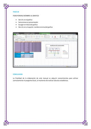 PASO 18 
PARA PONERLE NOMBRE AL GRAFICO 
 Dar clic en el grafico 
 Seleccionar en presentación 
 Escoger en título del grafico 
 Dar clic en a la opción nombre encima del grafico 
CONCLUSION 
La finalidad de la elaboración de este manual es adquirir conocimientos para utilizar 
correctamente el programa Excel, al momento de realizar cálculos estadísticos. 
