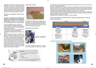 32 33
desperdício de água, cujos custos de reparo são,
geralmente, mais altos. A verificação periódica e
o conserto de vazamentos contribuem para que
não haja o desperdício de água por perdas (toda
água que escapa do sistema antes de ser utiliza-
da para uma atividade fim), auxiliando na redução
do consumo e consequentemente nos custos.
Perdas por vazamentos visíveis e não
visíveis
As peças e componentes de instalações hi-
dráulicas estão sujeitas a danos pela pressão
da água, pelo envelhecimento, má instalação e
pela qualidade do material. Os pontos mais críti-
cos das tubulações estão nas conexões/junções.
Locais onde podem ocorrer vazamentos:
• Rede primária: do hidrômetro até os reservató-
rios e/ou pontos de consumo com abastecimento
direto da concessionária;
• Reservatórios e caixas d’água (nas torneiras de
bóias, registros, barriletes, extravasares);
• Instalações prediais (pontos de uso/consumo e
outros).
Tanto nas águas frias, quanto nas quentes e nos
esgotos, a maior preocupação é quando ocorre
vazamento subterrâneo (encanamento enterra-
do), muitas vezes não detectado rapidamente e
que causa grandes problemas às edificações.
Existem testes simples para verificar se há vaza-
mento nesses locais. Havendo a constatação do
mesmo, é recomendável a consulta a um profis-
sional especializado, que detecte com mais pre-
cisão o local e a origem das suas causas e outras
providências necessárias, assegurando soluções
práticas e definitivas aos problemas.
Vazamentos visíveis
São aqueles identificados sem a utilização da téc-
nica de teste. Ex: componentes instalados que na
maioria das vezes estão danificados ou deteriora-
dos (courinho de uma torneira, registro com rosca
espanada, descarga disparada etc.)
Vazamentos não visíveis
São aqueles identificados somente com testes.
Ex: mau desempenho do sistema: por exemplo,
Check List
Lembre-se de olhar sempre os vazamentos nos:
• Encanamentos
• Boia
• Medidor
• Pontos de consumo
• Monitorar hábitos e algumas maneiras de como usar a água
• Monitorar o uso da água na copa/cozinha/pátio
um sistema de re-circulação de água quente operando inadequadamente, ou seja, com tempo de es-
pera longo, tubulações enterradas.
Devem ser realizados testes no sistema hidráulico para a detecção das perdas físicas dificilmente de-
tectáveis, inclusive com a utilização de equipamentos específicos para evitar intervenções destrutivas
(hastes de escuta, haste de perfuração, geofone eletrônico e outros). Os principais testes compreen-
dem pesquisa em alimentação predial, reservatórios, pontos de usos, entre outros.
Um sistema hidráulico sem manutenção adequada pode perder um volume expressivo de água que
adentra a unidade. Em geral, com pequenos investimentos para a correção das perdas existentes são
obtidas significativas reduções de consumo.
Equipamento de identificação de vazamento – geofone eletrônico
Tipos de vazamento, ação de controle e redução de perdas reais na rede de
distribuição de água
Locais mais prováveis de ocorrência de vazamentos:
Equipamento de identificação de
vazamento – geofone eletrônico
Vazamentos em piso/solo;
Vazamentos em reservatório / vazamento da boia;
Manual_Controlador_2017.indd 32-33 3/11/17 15:03
 