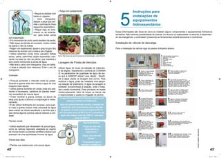 42 43
• Regue as plantas com
balde ou regador;
• Com mangueira,
adapte a peça que per-
mite o controle do fluxo
(esguicho automático);
• Regue logo ao ama-
nhecer ou ao entarde-
cer, para evitar perda
por evaporação;
• Em momentos de muito vento também há perda;
• Não regue as plantas em excesso, molhe a base
da planta e não as folhas;
• Regar com aspersores, ajuste o grau do giro dos
mesmos de acordo com a área a ser irrigada;
• Utilize cobertura morta como cascalho, folhas
secas, palha, pedrinhas (argila expandida) colo-
cando na base ou raiz da planta, que manterá o
solo úmido diminuindo a perda de água;
• Não lave o carro com mangueira. Use um balde;
• Limpe a calçada com vassoura. Evite o uso da
mangueira.
Gramado
• Procure aumentar o intervalo entre as podas.
Quando a grama está bem baixa a água do solo
evapora mais rápido;
• Utilize grama somente em áreas onde ela real-
mente é necessária, canteiros de plantas rastei-
ras necessitam de menos água;
• Evitar recolher a grama cortada na época da
seca pois ajuda a diminuir a evaporação e resse-
camento;
• Evite utilizar fertilizante em excesso, pois quan-
to mais a grama crescer mais precisará de água
para manter as raízes saudáveis e permitir que o
solo tenha alguma sombra natural retendo a umi-
dade.
Plantas certas
• Utilize espécies que necessitem de pouca água,
como as nativas regionais( adaptada ao regime
de chuvas locais) ou plantas xerófitas (cactos) que
precisam de uma quantidade mínima de água.
Plante esta idéia
• Plantas que sobrevivem com pouca água;
• Rega com gotejamento;
Lavagem de Frotas de Veículos
Utilizar água de reuso da estação de tratamen-
to de esgoto, respeitando a portaria do CONAMA
(E os parâmetros de qualidade de água de reu-
so que a SABESP adota) Lava rápido - Reutili-
zar a água usada na lavagem dos carros. Para
reutilizar a água, pode ser instalada uma peque-
na estação de tratamento. A água da lavagem é
coletada, encaminhada à estação, onde é trata-
da e usada novamente. Esse processo se repete
ininterruptamente. Além de limpar os carros, ela
é reaproveitada e usada na irrigação de jardins.
Fonte: http://www.eca.usp.br/nucleos/njr/voxscientiae/igor_wilson26.html
O setor de transportes do Senado instalou uma
pequena estação de tratamento.
Além de ambientalmente correta, a estação de
tratamento vem contribuindo para a redução
de gastos. A conta mensal de água de R$ 12
mil caiu para cerca de R$ 2 mil e o consumo de
água, que chegou a ser de 1500 m³, caiu para
cerca de 400 m³
Recomendações:
“Fique de olho nos
desperdícios e
vazamentos.”
“Água, use mas não
abuse.”
“Economizar água é
esbanjar inteligência.”
5
Instruções para
instalações de
equipamentos
hidrossanitários
Essas informações são dicas de como se instalam alguns componentes e equipamentos hidráulicos
sanitários. Não havendo possibilidade de chamar um técnico ou especialista no assunto, e dependen-
do da emergência, o controlador possuindo as ferramentas poderá solucionar a ocorrência.
Instalação de válvula de descarga
Para a instalação da válvula siga os passos indicados abaixo:
Fotos
e
dados:
fabricante
Manual_Controlador_2017.indd 42-43 3/11/17 15:03
 
