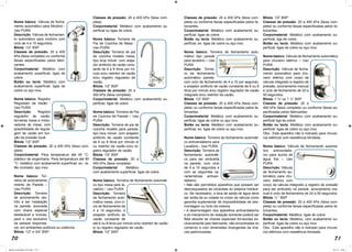 70 71
Nome básico: Válvula de fecha-
mento automático para Mictório -
Uso PURA
Descrição: Válvula de fechamen-
to automático para mictório com
ciclo de 4 a 10 segundos.
Bitola: 1/2“ BSP
Classes de pressão: 20 a 400
kPa (faixa completa) ou conforme
faixas especificadas pelos fabri-
cantes.
Corpo/material: Metálico com
acabamento superficial, ligas de
cobre.
Botão ou tecla: Metálico com
acabamento superficial: ligas de
cobre ou aço inox.
Nome básico: Registro
Regulador de Vazão -
Uso PURA
Descrição: Registro
regulador de vazão,
torneiras mesa e mistu-
radores de mesa, com
possibilidade de regula-
gem de vazão em fun-
ção da pressão local.
Bitola: 1/2” BSP
Classes de pressão: 20 a 400 kPa (faixa com-
pleta)
Corpo/material: Para temperatura até 40 °C:
plástico de engenharia. Para temperatura até 80
°C: metálico com acabamento superficial, ex.: la-
tão cromado, aço inox.
Nome básico: Tor-
neira de acionamento
restrito de Parede –
Uso PURA
Descrição: Torneira
de acionamento res-
trito a ser instalação
na parede, acionada
com chave especial
destacável e inclusa,
para o uso exclusivo
da pessoa responsá-
vel, em ambientes públicos ou coletivos.
Bitola: 1/2“ e 3/4” BSP
Classes de pressão: 20 a 400 kPa (faixa com-
pleta)
Corpo/material: Metálico com acabamento su-
perficial ou ligas de cobre.
Nome básico: Torneira de
Pia de Cozinha de Mesa -
Uso PURA
Descrição: Torneira de pia
de cozinha modelo mesa,
tipo bica móvel, com areja-
dor antifurto de vazão cons-
tante de 6 a 8 litros por mi-
nuto e/ou restritor de vazão
e/ou registro regulador de
vazão.
Bitola: 1/2” BSP
Classes de pressão: 20 a
400 kPa (faixa completa)
Corpo/material: Metálico com acabamento su-
perficial, ligas de cobre.
Nome básico: Torneira de Pia
de Cozinha de Parede – Uso
PURA
Descrição: Torneira de pia de
cozinha modelo para parede,
tipo bica móvel, com arejador
antifurto de vazão constante
de 6 ou 8 litros por minuto e/
ou restritor de vazão e/ou re-
gistro regulador de vazão.
Bitola: 1/2” BSP
Classes de pressão: 20 a
400 kPa (faixa completa)
Corpo/material: Metálico
com acabamento superficial, ligas de cobre.
Nome básico: Torneira de fechamento automáti-
co tipo mesa para la-
vatório – Uso PURA
Descrição: Torneira
de fechamento auto-
mático mesa, com ci-
clo de fechamento de
4 a 10 segundos, e
arejador antifurto de
vazão constante de
até 6 ou 8 litros por minuto e/ou restritor de vazão
e/ ou registro regulador de vazão.
Bitola: 1/2” BSP
Classes de pressão: 20 a 400 kPa (faixa com-
pleta) ou conforme faixas especificadas pelos fa-
bricantes.
Corpo/material: Metálico com acabamento su-
perficial, ligas de cobre.
Botão ou tecla: Metálico com acabamento su-
perficial, ex: ligas de cobre ou aço inox.
Nome básico: Torneira de fechamento auto-
mático tipo parede
para lavatório – Uso
PURA
Descrição: Tornei-
ra de fechamento
automático parede,
com ciclo de fechamento de 4 a 10 por segundo,
e arejador antifurto de vazão constante de 6 ou 8
litros por minuto e/ou registro regulador de vazão
integrado e/ou restritor de vazão.
Bitola: 1/2” BSP
Classes de pressão: 20 a 400 kPa (faixa com-
pleta) ou conforme faixas especificadas pelos fa-
bricantes.
Corpo/material: Metálico com acabamento su-
perficial, ligas de cobre ou aço inox.
Botão ou tecla: Metálico com acabamento su-
perficial, ex: ligas de cobre ou aço inox.
Nome básico: Torneira de fechamento automáti-
co antivandalismo para
Lavatório - Uso PURA
Descrição: Torneira de
fechamento automáti-
co para ser embutida
na parede, com ciclo
de 4 a 10 segundos e
com as seguintes ca-
racterísticas antivan-
dalismo:
• Não são permitidos aparelhos que possam ser
desrosqueados de conexões do sistema hidráuli-
co. Se necessário, a bica de saída de água deve
ser solda da ou colada no corpo da válvula como
garantia suplementar de impossibilidade de des-
montagem ou furto da mesma.
• A desmontagem dos aparelhos antivandalismo
e do mecanismo de vedação somente poderá ser
feita através de chaves especiais fornecidas ex-
clusivamente pelo fabricante, não encontradas no
comércio e com dimensões divergentes de cha-
ves padronizadas.
Bitola: 1/2” BSP
Classes de pressão: 20 a 400 kPa (faixa com-
pleta) ou conforme faixas especificadas pelos fa-
bricantes.
Corpo/material: Metálico com acabamento su-
perficial, liga de cobre.
Botão ou tecla: Metálico com acabamento su-
perficial: ligas de cobre ou aço inox.
Nome básico: Válvula de fechamento automático
para chuveiro elétrico – Uso
PURA
Descrição: Válvula de fecha-
mento automático para chu-
veiro elétrico com corpo da
válvula integrado a registro de
pressão, acionamento manual
e ciclo de fechamento de 20 a
50 segundos.
Bitola: 1 ½“ ou 1 ¼” BSP
Classes de pressão: 20 a
400 kPa (faixa completa) ou conforme faixas es-
pecificadas pelos fabricantes.
Corpo/material: Metálico com acabamento su-
perficial liga de cobre.
Botão ou tecla: Metálico com acabamento su-
perficial: ligas de cobre ou aço inox.
Obs.: Este aparelho não é indicado para chuvei-
ros elétricos com resistência blindada.
Nome básico: Válvula de fechamento automá-
tico antivandalis-
mo para ducha de
água fria – Uso
PURA
Descrição: Válvula
de fechamento au-
tomático para chu-
veiro elétrico com
corpo da válvula integrado a registro de pressão
para ser embutido na parede, acionamento ma-
nual e ciclo de fechamento de 20 a 50 segundos.
Bitola: ½ “ BSP
Classes de pressão: 20 a 400 kPa (faixa com-
pleta) ou conforme faixas especificadas pelos fa-
bricantes.
Corpo/material: Metálico, ligas de cobre.
Botão ou tecla: Metálico, com acabamento su-
perficial: ligas de cobre ou aço inox.
Obs.: Este aparelho não é indicado para chuvei-
ros elétricos com resistência blindada.
Manual_Controlador_2017.indd 70-71 3/11/17 15:04
 