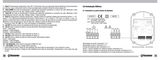 1 - Tecla P: Pressionando rapidamente a tecla “P” o instrumento entra na programação rápida. Mantendo a tecla pressionada     5.0 Instalação Elétrica
por mais de 5 seg. o instrumento entra no modo de programação completa ( tabela de resumo página 22).
2 - Tecla DOWN: No modo de programação é utilizada para selecionar parâmetros ou reduzir seu valor. Mantendo a tecla
                                                                                                                              5.1 Conectores na parte traseira do Absoluto
pressionada por mais de 5 seg. liga / desliga a saída 2, saída do apoio.
3 - Tecla UP: No modo de programação é utilizada para selecionar parâmetros ou aumentar seu valor. Mantendo a tecla
pressionada por mais de 5 seg. liga / desliga a saída 1, saída da bomba.
4 - Tecla U: Pressionando e soltando rapidamente, o display mostrará as variáveis medidas pelo instrumento (sensor 1 = Pr1,              OUTPUTS                                    INPUTS
sensor 2 = Pr2, diferença de temperatura do sensor 2 menos sensor 1 = P1.2, sensor 3 = Pr3, hora = h, minuto = n, dia = d).            OUT1: 16A-AC1(6A-AC3)/250VAC:
Quando o instrumento está no modo de programação, utiliza-se a tecla “U” para retornar ao modo normal de funcionamento.                      1HP 250VAC 1/2HP 125 VAC
Mantendo a tecla pressionada por mais de 5seg. liga / desliga a função de Stand-By do controle.                                        OUT2: 8A-AC1 (3A-AC3)/250VAC;
•  Pressionar a tecla “P + UP” por 5 seg. para bloquear ou desbloquear o teclado.                                                            1/2HP 250 VAC, 1/3HP 125VAC
5 - Led SET: No modo normal de operação acende sempre que uma tecla for pressionada.                                                             IN
6 - Led rd: Indica o estado da saída de controle diferencial. Alimentação da Bomba.                                                           100..240
Aceso = saída ligada                                                                                                                OUT2 OUT1   VAC                                 Pr1 Pr2 Pr3
Apagado = saída desligada
Piscando = saída desabilitada.                                                                                                    NO    NO    C
7 - Led AL1: Indica alarme AL1 ativo (referente ao sensor 1).
8 - Led AL2: Indica alarme AL2 ativo (referente ao sensor 2).
9 - Led rA: Indica o estado da saída de controle auxiliar. Alimentação do Apoio.                                                       1 2 3 4 5                                  6 7 8 9
Aceso = saída ligada                                                                                                                                                                                                                 1 2 3 4 5      6 7 8 9
Apagado = saída desligada
Piscando = saída desabilitada.
10 - Led Stand-By: Indica modo de operação STANDY-BY ativo                                                                    Alimentação da bomba: Conectores 1 e 5.
11 - Led CLOCK: Indica que o relógio interno está ativo.                                                                      Alimentação do apoio: Conectores 2 e 5.
•  Aceso indica que após o relógio ter sido habilitado não houve falha de alimentação. A hora indicada é correta.             Entrada da energia da rede: Conectores 3 e 4.                                      Vista interna do controlador - Placa do sistema
•  Piscando indica que após o relógio ter sido habilitado houve falha de alimentação. Possivelmente a hora indica não está    Sensor 1 (sensor instalado nos coletores solares): Conectores 6 e 7.
   correta.                                                                                                                   Sensor 2 (sensor instalado na entrada da bomba de circulação): Conectores 6 e 8.
                                                                                                                              Sensor 3 (sensor instalado no reservatório ou no fundo da piscina): Conectores 6 e 9.

10                                                                                                                                                                                                                                                                 11
 