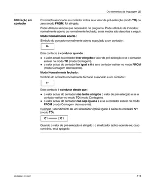Os elementos da linguagem LD
SR2MAN01 11/2007 113
Utilização em
contacto
O contacto associado ao contador indica se o valor de pré-selecção (modo TO) ou
zero (modo FROM) foi atingido.
Pode utilizá-lo sempre que necessário no programa. Pode utilizá-lo de 2 modos :
normalmente aberto ou normalmente fechado; estes modos são descritos a seguir.
Modo Normalmente aberto :
Símbolo do contacto normalmente aberto associado a um contador :
Este contacto é condutor quando :
o valor actual do contador tiver atingido o valor de pré-selecção e se o contador
estiver no modo TO (modo Contagem).
o valor actual do contador for igual a 0 e se o contador estiver no modo FROM
(modo Contagem decrescente).
Modo Normalmente fechado :
Símbolo do contacto normalmente fechado associado a um contador :
Este contacto é condutor desde que :
o valor actual do contador não tenha atingido o valor de pré-selecção e se o
contador estiver no modo TO (modo Contagem).
o valor actual do contador não seja igual a 0 e se o contador estiver no modo
FROM (modo Contagem decrescente).
Exemplo : acendimento de um sinalizador óptico ligado à saída do contador N°1
(modo TO).
Quando o valor de pré-selecção é atingido : o sinalizador óptico acende-se; caso
contrário, está apagado.
C-
c-
C1 [ Q1
 