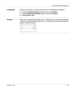 Os elementos da linguagem LD
SR2MAN01 11/2007 127
Inicialização Estado dos contactos e do valor actual durante a inicialização do programa :
o modo normalmente aberto (estado directo) está inactivo;
o modo normalmente fechado (estado inverso) está activo;
o valor actual é nulo.
Exemplo Segue-se um exemplo de utilização de um contador rápido : a saída Q1 passa para
1 quando o contador rápido passar para 1 ; o contador é activado pela entrada I3 e
reposto a 0 pela entrada I4.
K1-------------[Q1
I4-------------RK1
I3-------------TK1
 