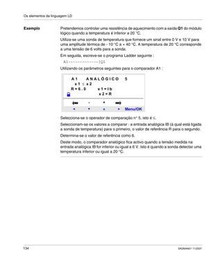 Os elementos da linguagem LD
134 SR2MAN01 11/2007
Exemplo Pretendemos controlar uma resistência de aquecimento com a saída Q1 do módulo
lógico quando a temperatura é inferior a 20 °C.
Utiliza-se uma sonda de temperatura que fornece um sinal entre 0 V e 10 V para
uma amplitude térmica de - 10 °C a + 40 °C. A temperatura de 20 °C corresponde
a uma tensão de 6 volts para a sonda.
Em seguida, escreve-se o programa Ladder seguinte :
Utilizando os parâmetros seguintes para o comparador A1 :
Selecciona-se o operador de comparação n° 5, isto é ≤.
Seleccionam-se os valores a comparar : a entrada analógica IB (à qual está ligada
a sonda de temperatura) para o primeiro, o valor de referência R para o segundo.
Determina-se o valor de referência como 6.
Deste modo, o comparador analógico fica activo quando a tensão medida na
entrada analógica IB for inferior ou igual a 6 V. Isto é quando a sonda detectar uma
temperatura inferior ou igual a 20 °C.
A1-------------[Q1
Menu/OK
- +
A 1 A N A L Ó G I C O 5
x 1 ≤ x 2
R = 6 . 0 x 1 = I b
x 2 = R
 