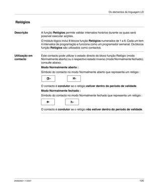Os elementos da linguagem LD
SR2MAN01 11/2007 135
Relógios
Descrição A função Relógios permite validar intervalos horários durante os quais será
possível executar acções.
O módulo lógico inclui 8 blocos função Relógios numerados de 1 a 8. Cada um tem
4 intervalos de programação e funciona como um programador semanal. Os blocos
função Relógios são utilizados como contactos.
Utilização em
contacto
Este contacto pode utilizar o estado directo do bloco função Relógio (modo
Normalmente aberto) ou o respectivo estado inverso (modo Normalmente fechado);
consulte abaixo.
Modo Normalmente aberto :
Símbolo do contacto no modo Normalmente aberto que representa um relógio :
O contacto é condutor se o relógio estiver dentro do período de validade.
Modo Normalmente fechado :
Símbolo do contacto no modo Normalmente fechado que representa um relógio :
O contacto é condutor se o relógio não estiver dentro do período de validade.
H--
h--
 