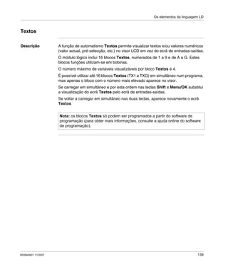 Os elementos da linguagem LD
SR2MAN01 11/2007 139
Textos
Descrição A função de automatismo Textos permite visualizar textos e/ou valores numéricos
(valor actual, pré-selecção, etc.) no visor LCD em vez do ecrã de entradas-saídas.
O módulo lógico inclui 16 blocos Textos, numerados de 1 a 9 e de A a G. Estes
blocos funções utilizam-se em bobinas.
O número máximo de variáveis visualizáveis por bloco Textos é 4.
É possível utilizar até 16 blocos Textos (TX1 a TXG) em simultâneo num programa,
mas apenas o bloco com o número mais elevado aparece no visor.
Se carregar em simultâneo e por esta ordem nas teclas Shift e Menu/OK substitui
a visualização do ecrã Textos pelo ecrã de entradas-saídas.
Se voltar a carregar em simultâneo nas duas teclas, aparece novamente o ecrã
Textos
Nota: os blocos Textos só podem ser programados a partir do software de
programação (para obter mais informações, consulte a ajuda online do software
de programação).
 