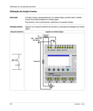 Realização de uma aplicação elementar
152 SR2MAN01 11/2007
Utilização da função inversa
Descrição A função inversa, representada por i no módulo lógico, permite obter o estado
inverso da entrada I cablada no módulo lógico.
Para ilustrar o seu funcionamento, utilizemos um exemplo simples :
Exemplo prático Seguem-se o esquema eléctrico do exemplo e a ilustração da cablagem do módulo
lógico :
Esquema eléctrico Ligação ao módulo lógico
L
N
Fusível 1
100 ... 240 V CA
50 / 60 Hz BP1
Fusível 2
L1
Menu/OK
I2I1 I4I3 I6I5
SRxxxxBD
Outputs
Q1 ... Q4: Relay 8A
1 2
Q1
1 2
Q2
1 2
Q3
1 2
Q4
NL I8I7
100 ... 240 V CC Inputs I1... I8 xx V CC
 