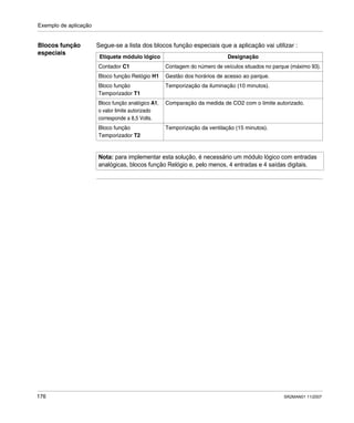 Exemplo de aplicação
176 SR2MAN01 11/2007
Blocos função
especiais
Segue-se a lista dos blocos função especiais que a aplicação vai utilizar :
Etiqueta módulo lógico Designação
Contador C1 Contagem do número de veículos situados no parque (máximo 93).
Bloco função Relógio H1 Gestão dos horários de acesso ao parque.
Bloco função
Temporizador T1
Temporização da iluminação (10 minutos).
Bloco função analógico A1,
o valor limite autorizado
corresponde a 8,5 Volts.
Comparação da medida de CO2 com o limite autorizado.
Bloco função
Temporizador T2
Temporização da ventilação (15 minutos).
Nota: para implementar esta solução, é necessário um módulo lógico com entradas
analógicas, blocos função Relógio e, pelo menos, 4 entradas e 4 saídas digitais.
 