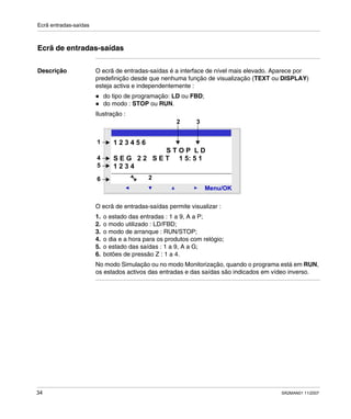 Ecrã entradas-saídas
34 SR2MAN01 11/2007
Ecrã de entradas-saídas
Descrição O ecrã de entradas-saídas é a interface de nível mais elevado. Aparece por
predefinição desde que nenhuma função de visualização (TEXT ou DISPLAY)
esteja activa e independentemente :
do tipo de programação: LD ou FBD;
do modo : STOP ou RUN.
Ilustração :
O ecrã de entradas-saídas permite visualizar :
1. o estado das entradas : 1 a 9, A a P;
2. o modo utilizado : LD/FBD;
3. o modo de arranque : RUN/STOP;
4. o dia e a hora para os produtos com relógio;
5. o estado das saídas : 1 a 9, A a G;
6. botões de pressão Z : 1 a 4.
No modo Simulação ou no modo Monitorização, quando o programa está em RUN,
os estados activos das entradas e das saídas são indicados em vídeo inverso.
2
Menu/OK
2
1 2 3 4 5 6
S T O P L D
S E G 2 2 S E T 1 5: 5 1
1 2 3 4
1
4
5
6
2 3
 