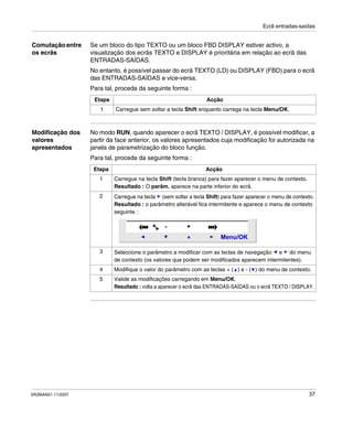 Ecrã entradas-saídas
SR2MAN01 11/2007 37
Comutação entre
os ecrãs
Se um bloco do tipo TEXTO ou um bloco FBD DISPLAY estiver activo, a
visualização dos ecrãs TEXTO e DISPLAY é prioritária em relação ao ecrã das
ENTRADAS-SAÍDAS.
No entanto, é possível passar do ecrã TEXTO (LD) ou DISPLAY (FBD) para o ecrã
das ENTRADAS-SAÍDAS e vice-versa.
Para tal, proceda da seguinte forma :
Modificação dos
valores
apresentados
No modo RUN, quando aparecer o ecrã TEXTO / DISPLAY, é possível modificar, a
partir da face anterior, os valores apresentados cuja modificação foi autorizada na
janela de parametrização do bloco função.
Para tal, proceda da seguinte forma :
Etapa Acção
1 Carregue sem soltar a tecla Shift enquanto carrega na tecla Menu/OK.
Etapa Acção
1 Carregue na tecla Shift (tecla branca) para fazer aparecer o menu de contexto.
Resultado : O parâm. aparece na parte inferior do ecrã.
2 Carregue na tecla (sem soltar a tecla Shift) para fazer aparecer o menu de contexto.
Resultado : o parâmetro alterável fica intermitente e aparece o menu de contexto
seguinte :
3 Seleccione o parâmetro a modificar com as teclas de navegação e do menu
de contexto (os valores que podem ser modificados aparecem intermitentes).
4 Modifique o valor do parâmetro com as teclas + ( ) e - ( ) do menu de contexto.
5 Valide as modificações carregando em Menu/OK.
Resultado : volta a aparecer o ecrã das ENTRADAS-SAÍDAS ou o ecrã TEXTO / DISPLAY.
Menu/OK
- +
 