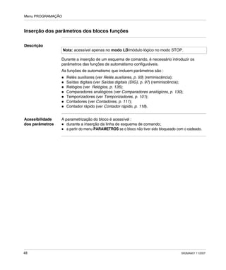 Menu PROGRAMAÇÃO
48 SR2MAN01 11/2007
Inserção dos parâmetros dos blocos funções
Descrição
Durante a inserção de um esquema de comando, é necessário introduzir os
parâmetros das funções de automatismo configuráveis.
As funções de automatismo que incluem parâmetros são :
Relés auxiliares (ver Relés auxiliares, p. 93) (reminiscência);
Saídas digitais (ver Saídas digitais (DIG), p. 97) (reminiscência);
Relógios (ver Relógios, p. 135);
Comparadores analógicos (ver Comparadores analógicos, p. 130);
Temporizadores (ver Temporizadores, p. 101);
Contadores (ver Contadores, p. 111);
Contador rápido (ver Contador rápido, p. 118).
Acessibilidade
dos parâmetros
A parametrização do bloco é acessível :
durante a inserção da linha de esquema de comando;
a partir do menu PARAMETROS se o bloco não tiver sido bloqueado com o cadeado.
Nota: acessível apenas no modo LD/módulo lógico no modo STOP.
 