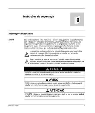 SR2MAN01 11/2007 7
§
Instruções de segurança
Informações Importantes
AVISO Leia cuidadosamente estas instruções e observe o equipamento para se familiarizar
com o dispositivo antes de o tentar instalar, utilizar ou efectuar a manutenção. As
seguintes mensagens especiais podem surgir ao longo deste documento ou no
equipamento para o avisar de possíveis perigos ou para lhe chamar a atenção
relativamente a informação que esclareça ou simplifique os procedimentos.
A existência deste símbolo numa etiqueta de aviso de segurança indica
perigo de choques eléctricos que poderão resultar em ferimentos
pessoais caso não siga as instruções.
Este é o símbolo de aviso de segurança. É utilizado para o alertar quanto a
possíveis ferimentos pessoais. Obedeça a todas as mensagens de segurança que
acompanham o símbolo para evitar possíveis ferimentos ou morte.
PERIGO indica uma situação de perigo iminente, a qual, se não for evitada, irá
resultar em morte ou ferimentos graves.
PERIGO
AVISO indica uma situação de possível perigo, a qual, se não for evitada, poderá
resultar em morte, ferimentos graves ou danos no equipamento.
AVISO
ATENÇÃO indica uma situação de possível perigo, a qual, se não for evitada, poderá
resultar em ferimentos ou danos no equipamento.
ATENÇÃO
 