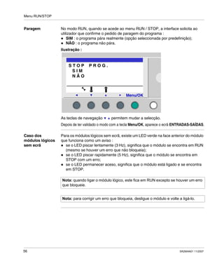 Menu RUN/STOP
56 SR2MAN01 11/2007
Paragem No modo RUN, quando se acede ao menu RUN / STOP, a interface solicita ao
utilizador que confirme o pedido de paragem do programa :
SIM : o programa pára realmente (opção seleccionada por predefinição);
NÃO : o programa não pára.
Ilustração :
As teclas de navegação permitem mudar a selecção.
Depois de ter validado o modo com a tecla Menu/OK, aparece o ecrã ENTRADAS-SAÍDAS.
Caso dos
módulos lógicos
sem ecrã
Para os módulos lógicos sem ecrã, existe um LED verde na face anterior do módulo
que funciona como um aviso :
se o LED piscar lentamente (3 Hz), significa que o módulo se encontra em RUN
(mesmo se houver um erro que não bloqueia);
se o LED piscar rapidamente (5 Hz), significa que o módulo se encontra em
STOP com um erro;
se o LED permanecer aceso, significa que o módulo está ligado e se encontra
em STOP.
2
Menu/OK
S T O P P R O G .
S I M
N Ã O
Nota: quando ligar o módulo lógico, este fica em RUN excepto se houver um erro
que bloqueie.
Nota: para corrigir um erro que bloqueia, desligue o módulo e volte a ligá-lo.
 