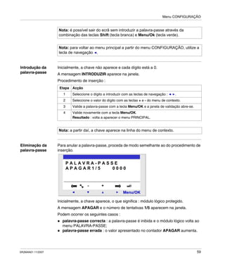 Menu CONFIGURAÇÃO
SR2MAN01 11/2007 59
Introdução da
palavra-passe
Inicialmente, a chave não aparece e cada dígito está a 0.
A mensagem INTRODUZIR aparece na janela.
Procedimento de inserção :
Eliminação da
palavra-passe
Para anular a palavra-passe, proceda de modo semelhante ao do procedimento de
inserção.
Inicialmente, a chave aparece, o que significa : módulo lógico protegido.
A mensagem APAGAR e o número de tentativas 1/5 aparecem na janela.
Podem ocorrer os seguintes casos :
palavra-passe correcta : a palavra-passe é inibida e o módulo lógico volta ao
menu PALAVRA-PASSE;
palavra-passe errada : o valor apresentado no contador APAGAR aumenta.
Nota: é possível sair do ecrã sem introduzir a palavra-passe através da
combinação das teclas Shift (tecla branca) e Menu/Ok (tecla verde).
Nota: para voltar ao menu principal a partir do menu CONFIGURAÇÃO, utilize a
tecla de navegação .
Etapa Acção
1 Seleccione o dígito a introduzir com as teclas de navegação : .
2 Seleccione o valor do dígito com as teclas + e - do menu de contexto.
3 Valide a palavra-passe com a tecla Menu/OK e a janela de validação abre-se.
4 Valide novamente com a tecla Menu/OK.
Resultado : volta a aparecer o menu PRINCIPAL.
Nota: a partir daí, a chave aparece na linha do menu de contexto.
2
Menu/OK
- +
P A L A V R A - P A S S E
A P A G A R 1 / 5 0 0 0 0
 