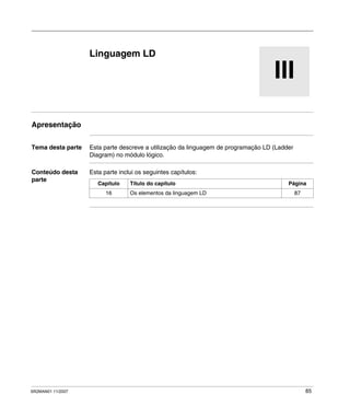 SR2MAN01 11/2007 85
III
Linguagem LD
Apresentação
Tema desta parte Esta parte descreve a utilização da linguagem de programação LD (Ladder
Diagram) no módulo lógico.
Conteúdo desta
parte
Esta parte inclui os seguintes capítulos:
Capítulo Título do capítulo Página
16 Os elementos da linguagem LD 87
 