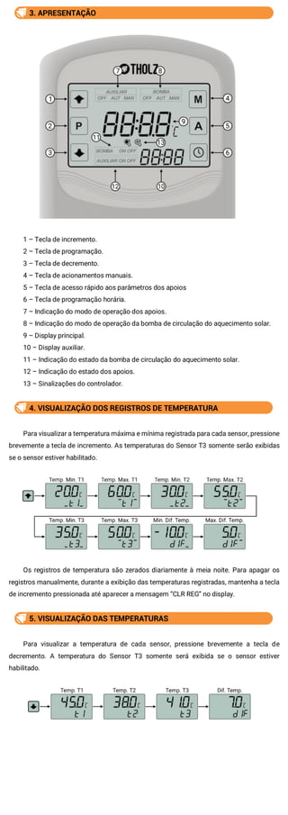 3. APRESENTAÇÃO
1 – Tecla de incremento.
2 – Tecla de programação.
3 – Tecla de decremento.
4 – Tecla de acionamentos manuais.
5 – Tecla de acesso rápido aos parâmetros dos apoios
6 – Tecla de programação horária.
7 – Indicação do modo de operação dos apoios.
8 – Indicação do modo de operação da bomba de circulação do aquecimento solar.
9 – Display principal.
10 – Display auxiliar.
11 – Indicação do estado da bomba de circulação do aquecimento solar.
12 – Indicação do estado dos apoios.
13 – Sinalizações do controlador.
4. VISUALIZAÇÃO DOS REGISTROS DE TEMPERATURA
Para visualizar a temperatura máxima e mínima registrada para cada sensor, pressione
brevemente a tecla de incremento. As temperaturas do Sensor T3 somente serão exibidas
se o sensor estiver habilitado.
Os registros de temperatura são zerados diariamente à meia noite. Para apagar os
registros manualmente, durante a exibição das temperaturas registradas, mantenha a tecla
de incremento pressionada até aparecer a mensagem “CLR REG” no display.
5. VISUALIZAÇÃO DAS TEMPERATURAS
Para visualizar a temperatura de cada sensor, pressione brevemente a tecla de
decremento. A temperatura do Sensor T3 somente será exibida se o sensor estiver
habilitado.
 