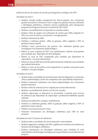 Manual de Controle das Doenças Sexualmente Transmissíveis – DST
Ministério da Saúde - SVS - Programa Nacional de DST/ Aids118
referência técnica do sistema de atenção para diagnóstico etiológico das DST.
Atividades do nível 1:
• Realizar consulta médica emergencial das úlceras genitais, dos corrimentos
genitais masculinos e femininos e das verrugas ano-genitais externas, utilizando
a abordagem sindrômica, conforme normas estabelecidas pelos fluxogramas
propostos do Programa Nacional e Estadual de DST/AIDS.
• Realizar o aconselhamento incorporado na consulta médica.
• Realizar coleta de sangue e/ou solicitação de exames para Sífilis, Hepatite B e
HIV, nos casos de úlceras, corrimentos e verrugas genitais.
• Realizar tratamento de sífilis.
• Notificar a síndrome genital , sífilis na gestação, sífilis congênita e HIV na
gestante/criança exposta.
• Notificar os(as) parceiros(as) das pessoas com síndromes genitais para
investigação e/ou tratamento epidemiológico.
• Referir os casos suspeitos de DST com manifestações cutâneas extra-genitais
para unidades que disponham de dermatologista.
• Referir os casos de DST complicadas para unidades que disponham de
especialistas e recursos laboratoriais.
• ReferiroscasosdeDSTnãoresolvidospelotratamentosindrômicoparaunidades
que tenham laboratório.
• Referir os casos de dor pélvica com sangramento ou quadros mais graves para
unidades com ginecologista.
Atividades do nível 2
• Realizar todas as atividades do nível elementar, além do diagnóstico e tratamento
clínico-epidemiológico, dentro da competência das especialidades disponíveis.
• Realizar tratamento sindrômico e/ou clínico-epidemiológico dos corrimentos
genitais femininos.
• Realizar coleta de material cérvico-vaginal para exames laboratoriais.
• Realizar o aconselhamento dentro e/ou fora da consulta.
• Realizar colposcopia, se disponível ou encaminhar a paciente para serviços
de referência que disponham de colposcópio e profissional habilitado quando
indicado.
• Realizar procedimentos cirúrgicos ambulatoriais.
• Notificar as síndromes genitais, sífilis na gestação, sífilis congênita e HIV na
gesntante/criança exposta.
• Notificar os(as) parceiros(as) e tratar.
• Promover treinamentos em abordagem sindrômica para UBS de nível
primário.
Atividades do nível 3 (Centros de referência)
• Realizar todas as atividades dos níveis elementar e intermediário
• Realizar diagnóstico etiológico das DST, vigilância de resistência microbiana aos
fármacos da abordagem sindrômica.
• Realizar treinamentos em abordagem sindrômica para Unidades de nível
intermediárioedeabordagemetiológicaparaasquetenhamrecursoslaboratoriais
próprios.
 