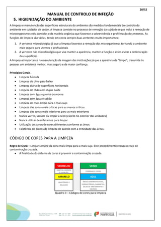 20/52
MANUAL DE CONTROLO DE INFEÇÃO
5. HIGIENIZAÇÃO DO AMBIENTE
A limpeza e manutenção das superfícies estruturais do ambiente são medidas fundamentais do controlo do
ambiente em cuidados de saúde. A limpeza consiste no processo de remoção da sujidade o que inclui a remoção de
microorganismos nela contidos e da matéria orgânica que favorece a sobrevivência e proliferação dos mesmos. As
funções de limpeza são várias, tendo em conta sempre duas vertentes muito importantes:
1. A vertente microbiológica já que a limpeza favorece a remoção dos microrganismos tornando o ambiente
mais seguro para utentes e profissionais
2. A vertente não microbiológica que visa manter a aparência, manter a função e assim evitar a deterioração
das superfícies
A limpeza é importante na manutenção da imagem das instituições já que a aparência de “limpo”, transmite às
pessoas um ambiente melhor, mais seguro e de maior confiança.
Princípios Gerais
 Limpeza húmida
 Limpeza de cima para baixo
 Limpeza diária de superfícies horizontais
 Limpeza do chão com duplo balde
 Limpeza com água quente ou morna
 Limpeza com água e sabão
 Limpeza do mais limpo para o mais sujo
 Limpeza das zonas mais críticas para as menos críticas
 Limpeza das zonas mais interiores para as mais exteriores
 Nunca varrer, sacudir ou limpar a seco (exceto no exterior das unidades)
 Nunca utilizar desinfetantes para limpar
 Utilização de panos de cores diferentes conforme as áreas
 Existência de planos de limpeza de acordo com a criticidade das áreas.
CÓDIGO DE CORES PARA A LIMPEZA
Regra de Ouro – Limpar sempre da zona mais limpa para a mais suja. Este procedimento reduza o risco de
contaminação cruzada.
 A finalidade do sistema de cores é prevenir a contaminação cruzada.
VERMELHO VERDE
SANITAS, URINÓIS
E LAVA-PÉS
COZINHAS E COPAS
AMARELO AZUL
LAVATÓRIOS E
AZULEJOS
ÁREAS ADMINISTRATIVAS,
CONSULTÓRIOS, GABINETES,
SALAS DE TRATAMENTO E
VACINAS
Quadro 3 – Códigos de cores para limpeza
 