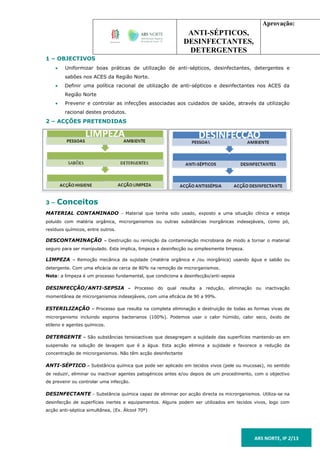 ANTI-SÉPTICOS,
DESINFECTANTES,
DETERGENTES
Aprovação:
ARS NORTE, IP 2/13
1 – OBJECTIVOS
 Uniformizar boas práticas de utilização de anti-sépticos, desinfectantes, detergentes e
sabões nos ACES da Região Norte.
 Definir uma política racional de utilização de anti-sépticos e desinfectantes nos ACES da
Região Norte
 Prevenir e controlar as infecções associadas aos cuidados de saúde, através da utilização
racional destes produtos.
2 – ACÇÕES PRETENDIDAS
3 – Conceitos
MATERIAL CONTAMINADO – Material que tenha sido usado, exposto a uma situação clínica e esteja
poluído com matéria orgânica, microrganismos ou outras substâncias inorgânicas indesejáveis, como pó,
resíduos químicos, entre outros.
DESCONTAMINAÇÃO – Destruição ou remoção da contaminação microbiana de modo a tornar o material
seguro para ser manipulado. Esta implica, limpeza e desinfecção ou simplesmente limpeza.
LIMPEZA – Remoção mecânica da sujidade (matéria orgânica e /ou inorgânica) usando água e sabão ou
detergente. Com uma eficácia de cerca de 80% na remoção de microrganismos.
Nota: a limpeza é um processo fundamental, que condiciona a desinfecção/anti-sepsia
DESINFECÇÃO/ANTI-SEPSIA – Processo do qual resulta a redução, eliminação ou inactivação
momentânea de microrganismos indesejáveis, com uma eficácia de 90 a 99%.
ESTERILIZAÇÃO – Processo que resulta na completa eliminação e destruição de todas as formas vivas de
microrganismo incluindo esporos bacterianos (100%). Podemos usar o calor húmido, calor seco, óxido de
etileno e agentes químicos.
DETERGENTE – São substâncias tensioactivas que desagregam a sujidade das superfícies mantendo-as em
suspensão na solução de lavagem que é a água. Esta acção elimina a sujidade e favorece a redução da
concentração de microrganismos. Não têm acção desinfectante
ANTI-SÉPTICO – Substância química que pode ser aplicado em tecidos vivos (pele ou mucosas), no sentido
de reduzir, eliminar ou inactivar agentes patogénicos antes e/ou depois de um procedimento, com o objectivo
de prevenir ou controlar uma infecção.
DESINFECTANTE – Substância química capaz de eliminar por acção directa os microrganismos. Utiliza-se na
desinfecção de superfícies inertes e equipamentos. Alguns podem ser utilizados em tecidos vivos, logo com
acção anti-séptica simultânea, (Ex. Álcool 70º)
 