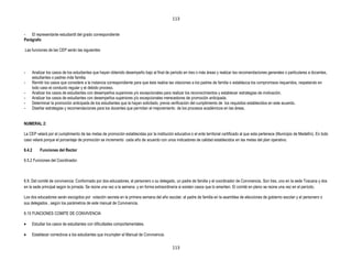 113


- El representante estudiantil del grado correspondiente
Parágrafo:

Las funciones de las CEP serán las siguientes:




-   Analizar los casos de los estudiantes que hayan obtenido desempeño bajo al final de periodo en tres o más áreas y realizar las recomendaciones generales o particulares a docentes,
    estudiantes o padres mde familia.
-   Remitir los casos que considere a la instancia correspondiente para que ésta realice las citaciones a los padres de familia o establezca los compromisos requeridos, respetando en
    todo caso el conducto regular y el debido proceso.
-   Analizar los casos de estudiantes con desempeños superiores y/o excepcionales para realizar los reconocimientos y establecer estrategias de motivación.
-   Analizar los casos de estudiantes con desempeños superiores y/o excepcionales merecedores de promoción anticipada.
-   Determinar la promoción anticipada de los estudiantes que la hayan solicitado, previa verificación del cumplimiento de los requisitos establecidos en este acuerdo.
-   Diseñar estrategias y recomendaciones para los docentes que permitan el mejoramiento de los procesos académicos en las áreas.


NUMERAL 2:

La CEP velará por el cumplimiento de las metas de promoción establecidas por la institución educativa o el ente territorial certificado al que esta pertenece (Municipio de Medellín). En todo
caso velará porque el porcentaje de promoción se incremento cada año de acuerdo con unos indicadores de calidad establecidos en las metas del plan operativo.

6.4.2     Funciones del Rector

6.5.2 Funciones del Coordinador.



6.9. Del comité de convivencia: Conformado por dos educadores, el personero o su delegado, un padre de familia y el coordinador de Convivencia. Son tres, uno en la sede Toscana y dos
en la sede principal según la jornada. Se reúne una vez a la semana y en forma extraordinaria si existen casos que lo ameriten. El comité en pleno se reúne una vez en el período.

Los dos educadores serán escogidos por votación secreta en la primera semana del año escolar, el padre de familia en la asamblea de elecciones de gobierno escolar y el personero o
sus delegados , según los parámetros de este manual de Convivencia.

6.10 FUNCIONES COMITE DE CONVIVENCIA

    Estudiar los casos de estudiantes con dificultades comportamentales.

    Establecer correctivos a los estudiantes que incumplen el Manual de Convivencia.

                                                                                            113
 