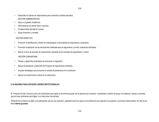 116


     •     Desarrollar los planes de mejoramiento para aumentar la calidad educativa.
           GESTIÓN ADMINISTRATIVA
     •     Apoyo a la gestión Académica
     •     Administración de planta física y recursos.
     •     Fortalecimiento del talento humano
     •     Apoyo financiero y contable

         GESTIÓN DIRECTIVA

     •     Promover la identificación y diseño de metodologías y herramientas de seguimiento y evaluación.

     •     Promover la aplicación de las herramientas diseñadas para el seguimiento y control, analizando resultados.

     •     Buscar la toma de acciones de mejoramiento resultado de los procesos de seguimiento y control.

           GESTIÓN COMUNITARIA

     •     Planear y desarrollar actividades de motivación e integración.

     •     Apoyar la planeación y desarrollo del Proyecto de mejoramiento ambiental.

     •     Impulsar estrategias que promueven el sentido de pertenencia en la institución.

     •     Apoyar la transformación cultural en la institucional.



6.16 RAZONES PARA ESCOGER LÍDERES INSTITUCIONALES



El Proyecto de Aula funciona como una herramienta para lograr la convivencia grupal; allí se plasman por consenso - estudiantes y director de grupo- los objetivos, valores y acuerdos
que se crean pertinentes para llegar a la meta antes mencionada.

Partiendo de lo anterior se elijen unos estudiantes que por sus actitudes y aptitudes sirven de apoyo a los profesores para ejecutar los proyectos y funciones institucionales. Por ello se les
llama líderes grupales.


                                                                                             116
 